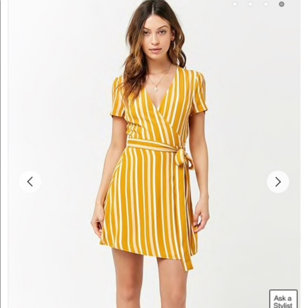 Mustard and cream Striped Surplice Wrap Dress
